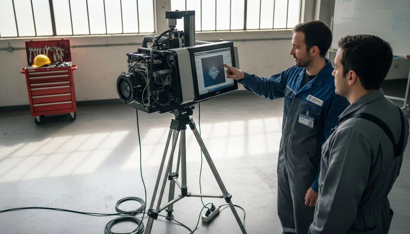 DTM3D - Scan 3D industriel : guide terrain pour réussir votre relevé - 1769833970902 image Des techniciens procèdent à l’installation d’un scanner 3D industriel sur le site.