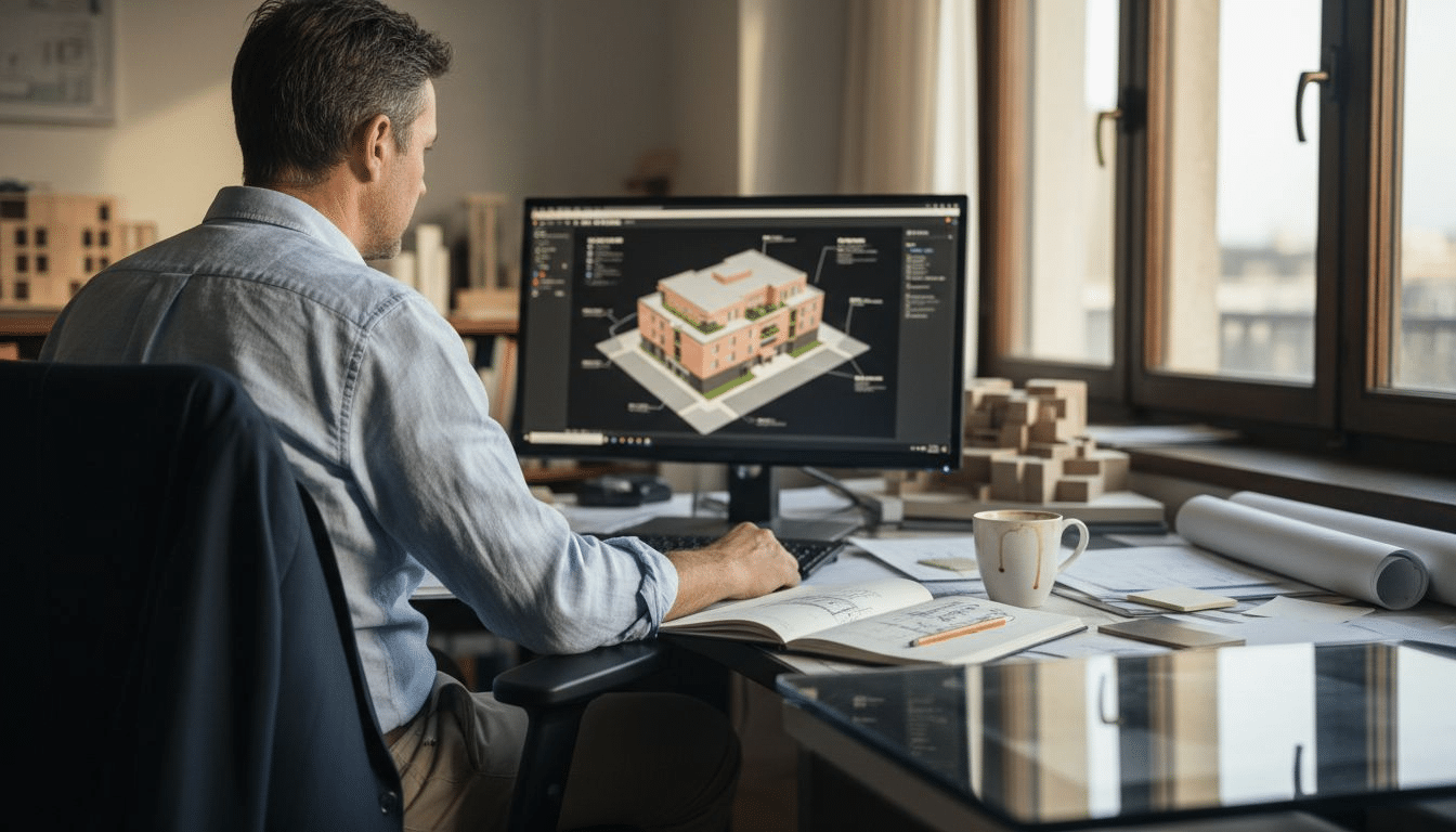DTM3D - Modélisation 3D : Optimiser la gestion locative immobilière - 1770020941485 image Un architecte étudie une maquette numérique en 3D sur son ordinateur.