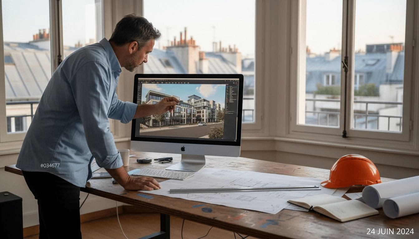 Un architecte analyse une maquette 3D affichée sur l’écran de son ordinateur, installé à son bureau.
