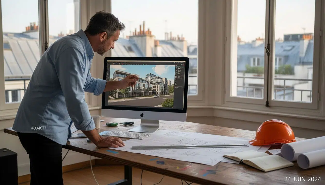 DTM3D - Modèle 3D de bâtiment : Clé pour gestion et restauration - 1770104903510 image Un architecte analyse une maquette 3D affichée sur l’écran de son ordinateur, installé à son bureau.
