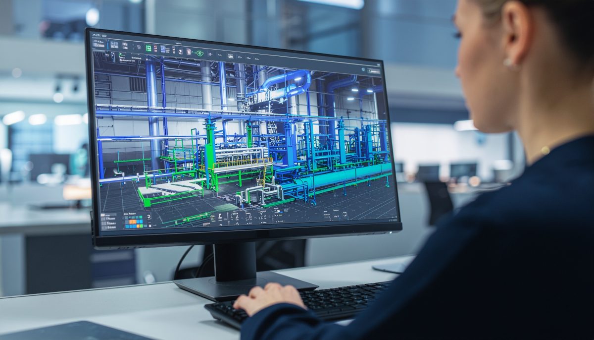 DTM3D - 7 étapes clés pour une checklist modélisation 3D industrielle - Firefly A professional photograph of a French engineer working at a large curved monitor in a 809380 Traitement de nuage de points issu d'un scan laser 3D industriel - DTM3D