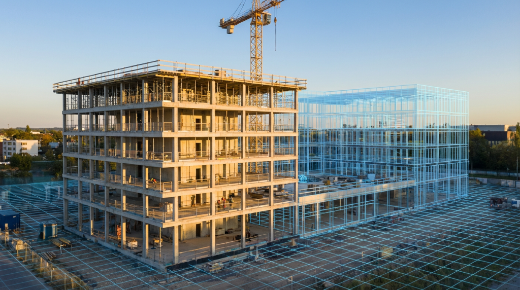Structure en cours d'élévation prolongée par sa maquette BIM en filaire - DTM3D