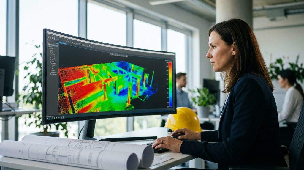 Carte d'écarts d'un suivi de chantier par scan 3D affichée à l'écran - DTM3D