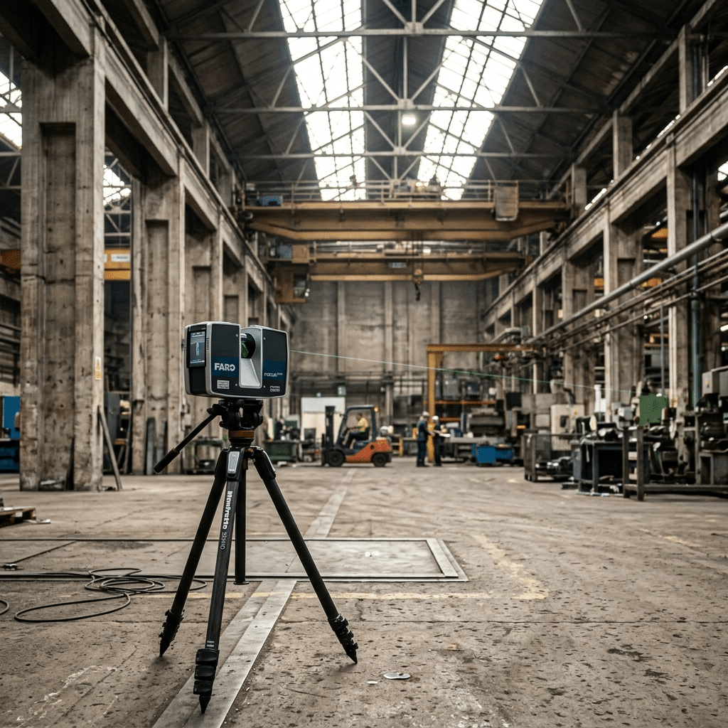Scanner 3D en station dans un hall industriel, à l'origine d'un format de fichier pour un nuage de points - DTM3D