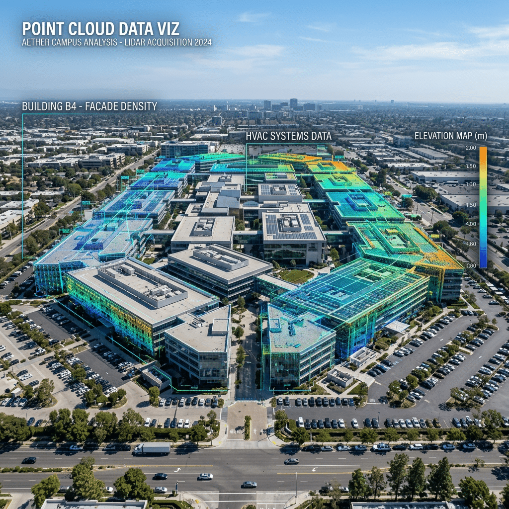 Vue aérienne d'un ensemble de bâtiments colorisé par altitude, nuage de points de grande emprise - DTM3D