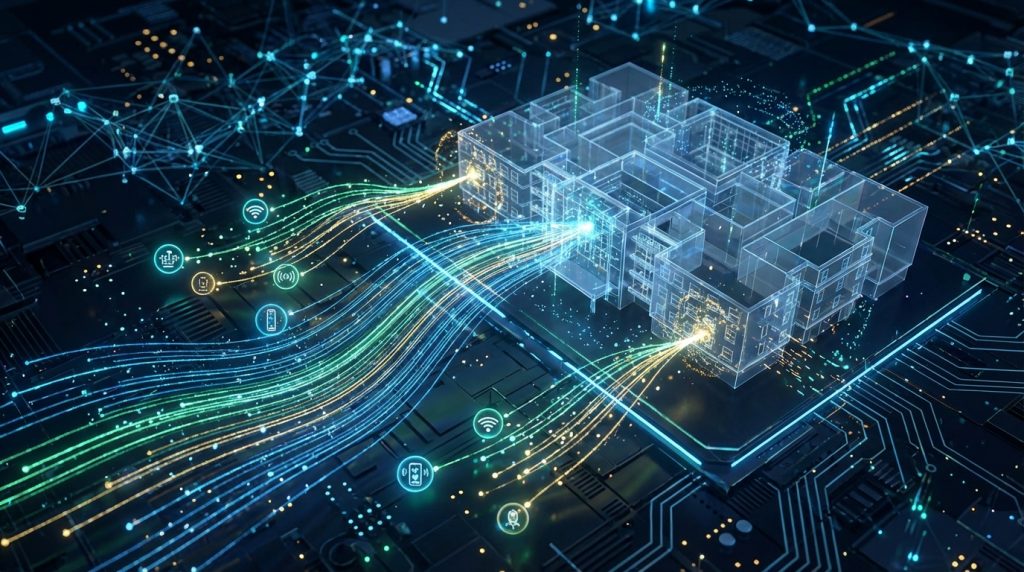 Vue aérienne site industriel numérisé en 3D Vue aérienne d'un site industriel numérisé en 3D avec superposition de données - DTM3D