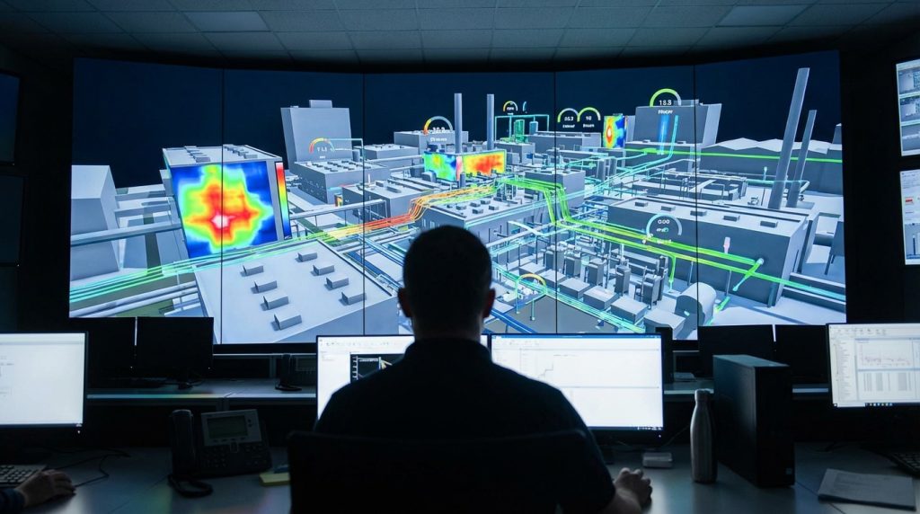 guide-jumeau-numerique-iot-DTM3D-2.png Ingénieur exploitant un nuage de points issu d'un scan 3D sur écran BIM - DTM3D