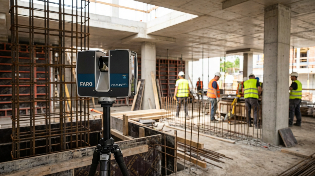 Station de scan laser 3D sur un plateau en gros œuvre pour le suivi de chantier par scan 3D - DTM3D