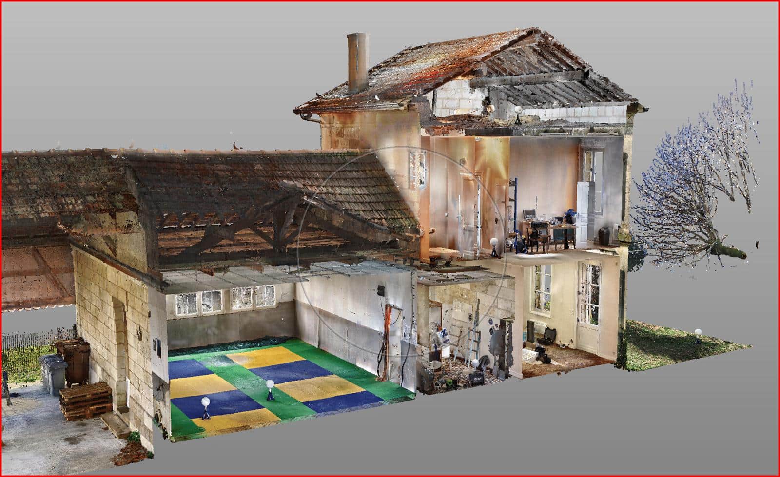 DTM3D - Scan 3D de bâtiment public en réhabilitation : une maison de santé en Gironde - scan 3d maison de sante gironde charpente faux plafond Nuage de points de la charpente et du faux plafond d'un bâtiment public en Gironde - DTM3D