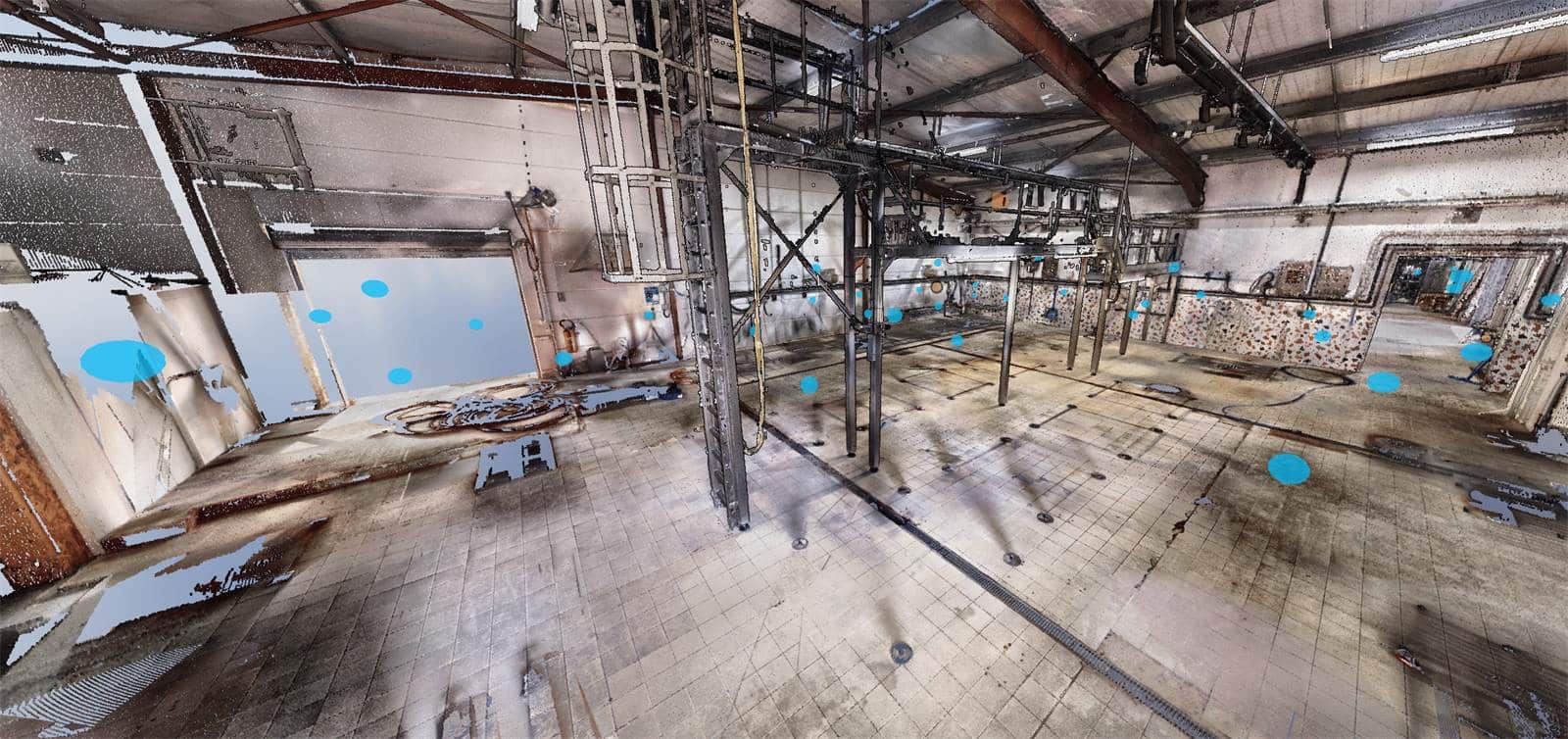 Nuage de points d'une salle de production vidée de ses équipements pour simuler une implantation - DTM3D