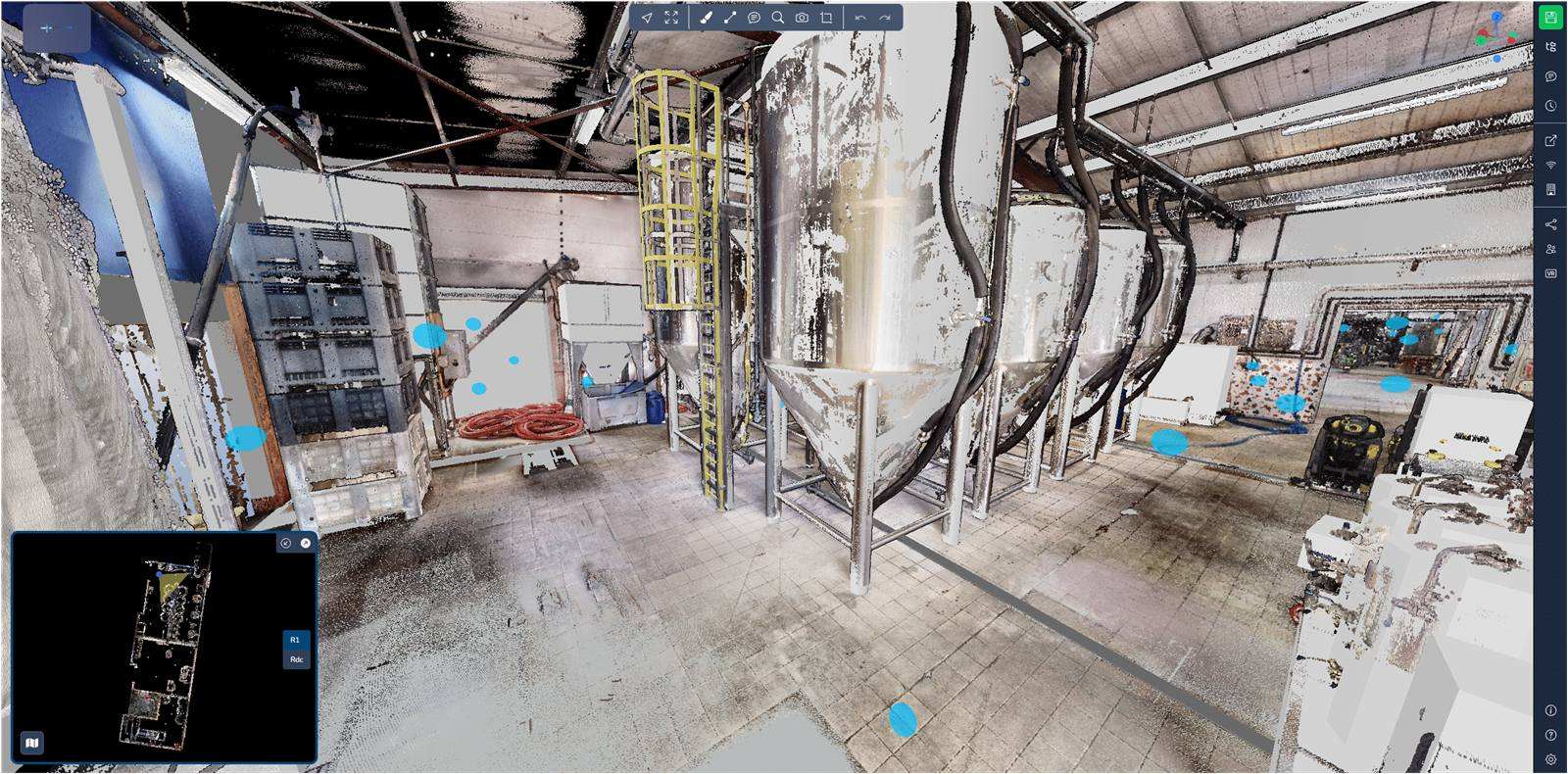 Nuage de points et maquette IFC d'un site de production ouverts dans le viewer en ligne - DTM3D